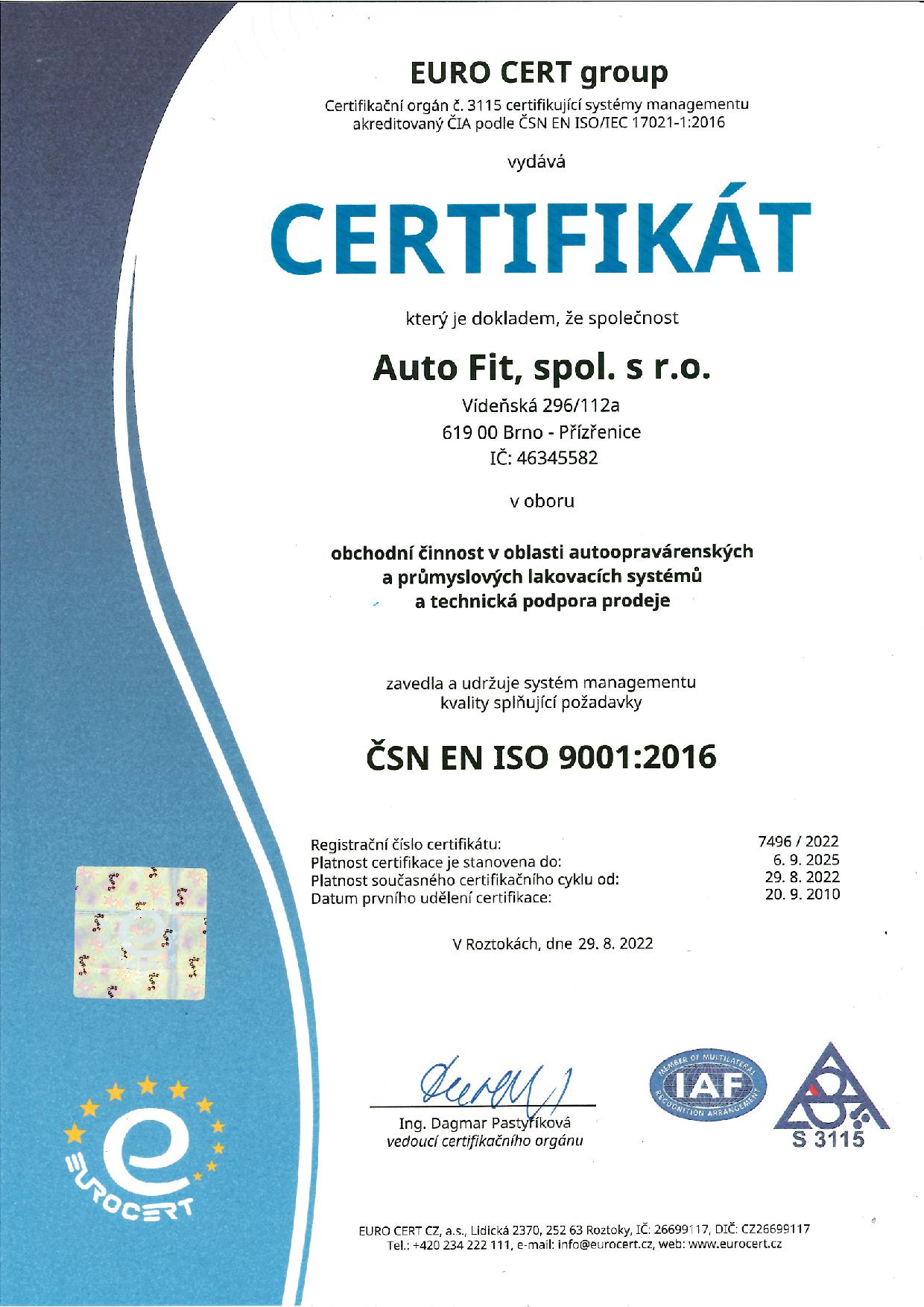 ISO 9001 certifikát CZ